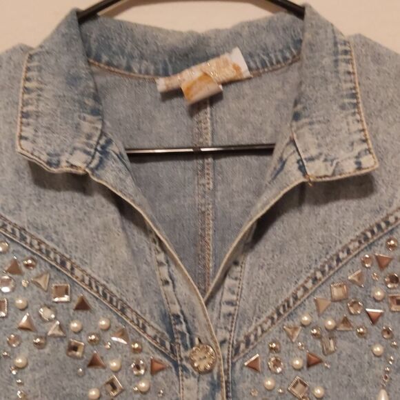Monique fashions Vintage Blue Jean Embellished Button Up Shirt - Picture 3 of 8